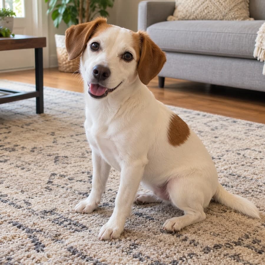 A photo of a small white dog with brown ears